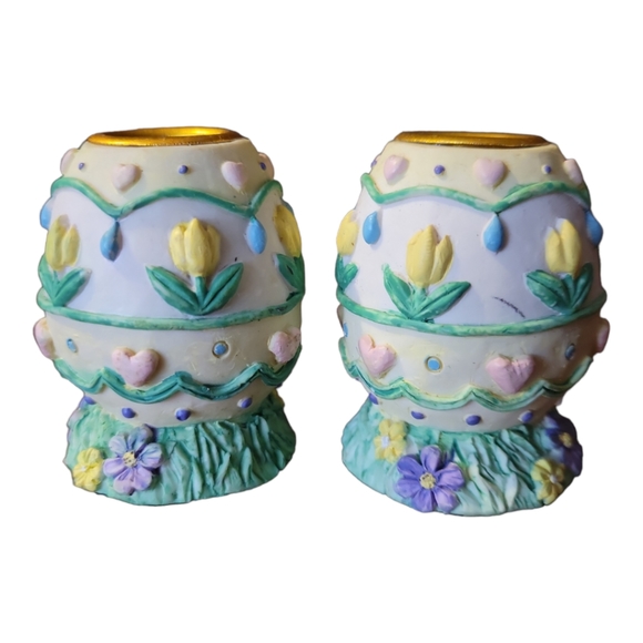 🔥(5/$20) 2 Vtg Easter Egg Heart Tulip Candlestick Holders - Picture 2 of 7